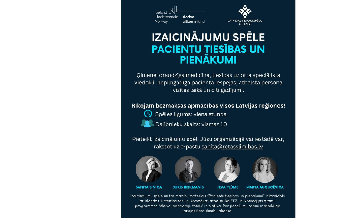 Latvijas Reto slimību alianse aicina pieteikties izaicinājumu spēlei “Pacientu tiesības un pienākumi”